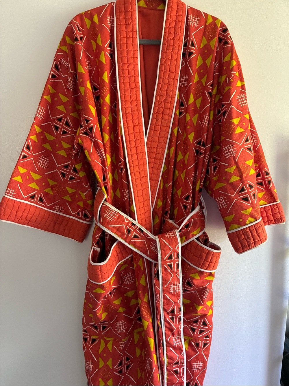 Handmade Vintage Orange Patterned Quilted Kimono Robe with Belt